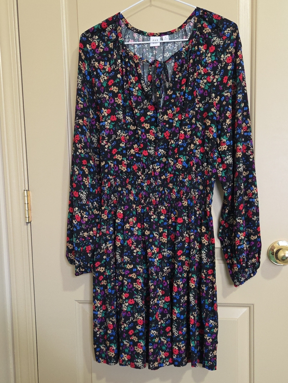 Gap Floral Long Sleeve Smocked Waist Dress - Black Multi